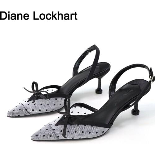 Fashion Mesh Ladies Kitten high Heels Polka Dot Novelty Shoes Women Pointed Toe Pumps Party Slingback Medium Stiletto Sandals