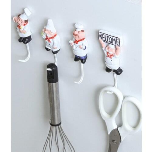 Cartoon Chef Style Resin Self-adhesive Wall Hooks For Kitchen Tools Hanging Clothes Coat Hat Towel Accessories