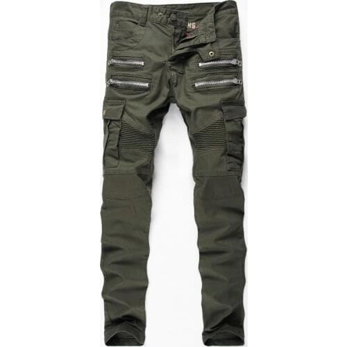 Mens military green slim stretch biker jeans Zippers and pockets patchwork pleated denim pencil pants Long trousers