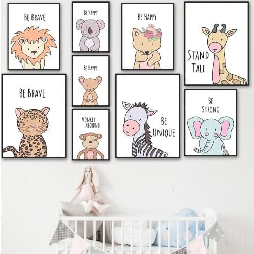 Cartoon Koala Zebra Lion Giraffe Elephant Fox Wall Art Canvas Painting Nordic Posters And Prints Wall Pictures Kids Room Decor