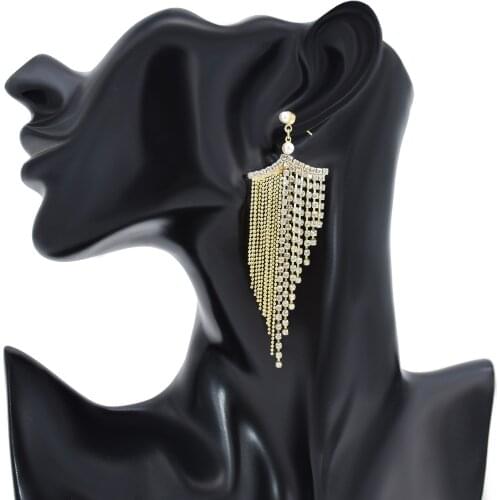 New Semi-Crystal Semi-Golden Bead Chain Long Tassel Drop Earrings For Women Alloy Pearls And Diamonds Are Thin & Simple Jewelry