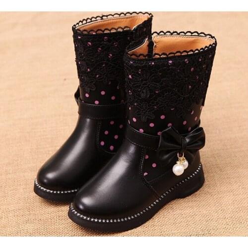 New Bow Girls Winter Boots PU Leather Kids Snow Boots With Lace Ruffle