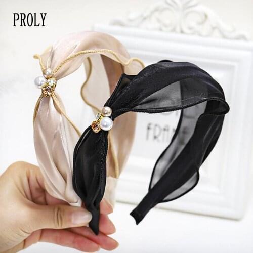 PROLY New Fashion Summer Headwear Headband For Women Soft Fresh Lace Gauze Hairband Top Quality Pearls Knot Hair Accessories