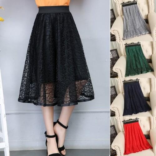 Sanishroly New Spring Autumn Women Long Skirt Hollow Out Lace Skirts Female A-Line Skirt Elastic High Waist Ball Gown Skirt S609