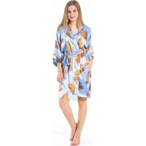 Sanderala Women Tropical Plant Print Robe V Neck Belted Half Sleeve Sleepwear Pocket Satin Dressing Gown Bathrobe Home Pajamas