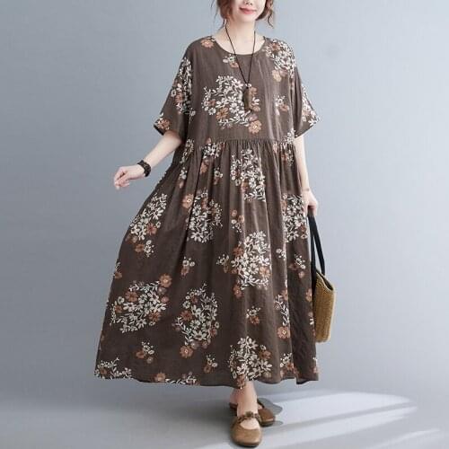 Thin Soft Cotton Coffe Color Dress 2021 New Fashion Print Floral Summer Dress Holiday Travel Casual Beach Style Women Long Dress