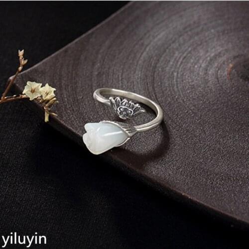 KJJEAXCMY Boutique jewelry S925 pure silver lotus natural Hetian jade white jade magnolia flower opening personality female ring