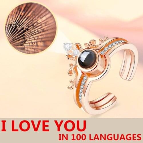 Rose Gold&Silver Color 100 languages I love you Projection Ring Romantic Love Memory Wedding Ring For Women Open Ring Jewelry