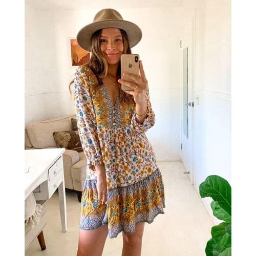 Happie Queens women floral print v-neck front botton beach Bohemian sundress tassel rayon mini dress vestidos