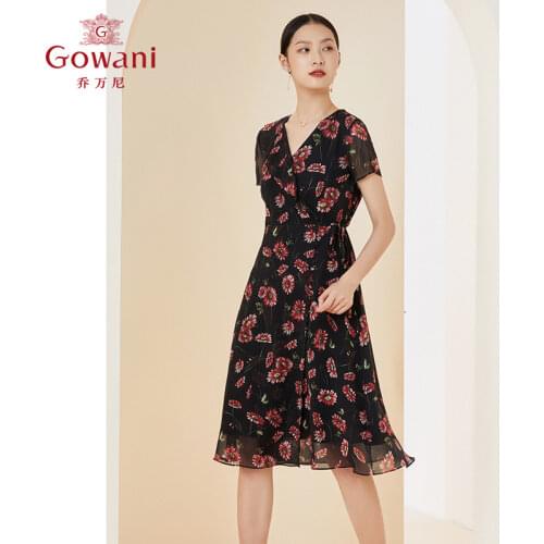 Gowani summer flower printed 100%silk ruffled short sleeve wrap dress knee-length