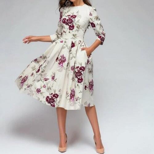 40# Vintage Dress Women Elegent A-line Vintage Printing Party Vestidos Big Swing Long Sleeve Party Dress Vestido De Mujer