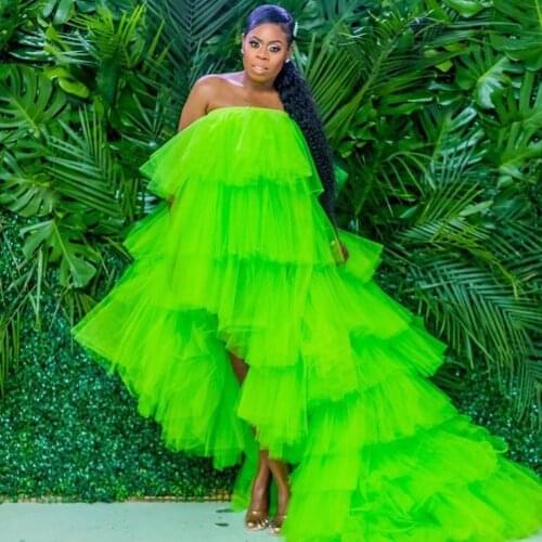 2020 Chic Tulle Skirts Hi Low Fluffy Tulle With Train Dresses Women Plus Size Fresh Green Tulle Summer Dress Maxi Wear