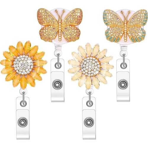 4 Pieces Butterfly Rhinestone Badge Reels Retractable Crystal Sunflower Badge Holder Name ID Badge Holder with Clip