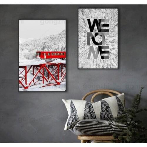 Snow Red Train Abstract Canvas Painting Wall Pictures for Living Room and Bedroom Nordic Home Decoration Posters and Printin
