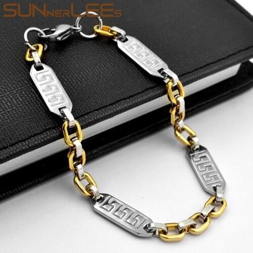 SUNNERLEES Stainless Steel Bracelet High Polish 7mm Geometric Link Chain Silver Color Gold Plated Men Women Jewelry Gift SC185 B