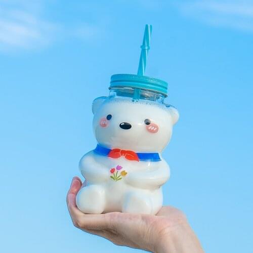 550ml New Funny Bear Drinking Bottle Cartoon Cute Clear Glass Water Bottle With Straw Milk Water Cup Birthday Gift For Girls