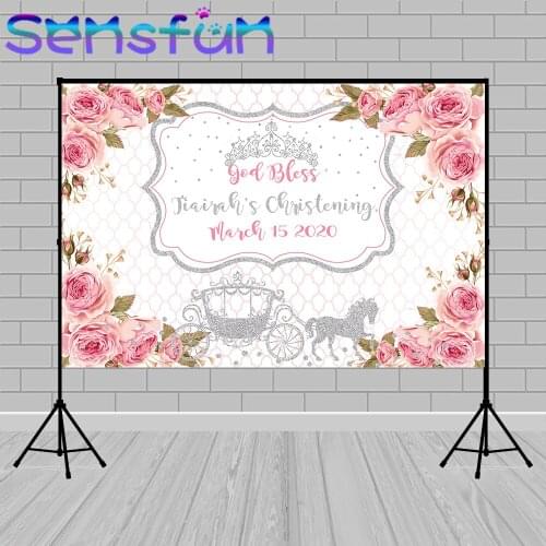Baptism God bless Background Communion Backdrop Pink Flower Princess Photocall Newborn Photography backdrop for Photo Studio