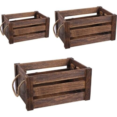 Creative Household Wooden Rectangular Storage Basket with Rope Handle Vintage Rustic Hollow Out Organizer Bin Box Crates