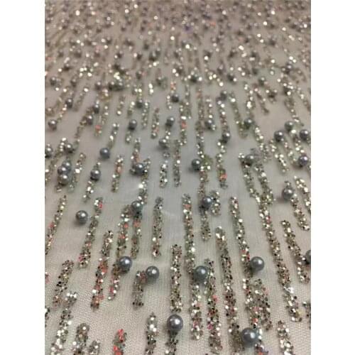 YG-233 Silver color Pretty Modern design african glued glitter tulle lace fabric with pearls for fashion dress