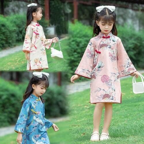 2021 Autumn New Girl Dress Long-Sleeved Improved Cheongsam Children Teenager Chinese Style Princess Dress