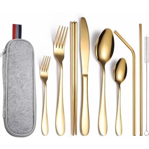 Portable Cutlery Set Outdoor Cutlery Set Stainless Steel Set Tableware Spoon Fork Straw Knife Golden Dinnerware Set Camping 9 Pc