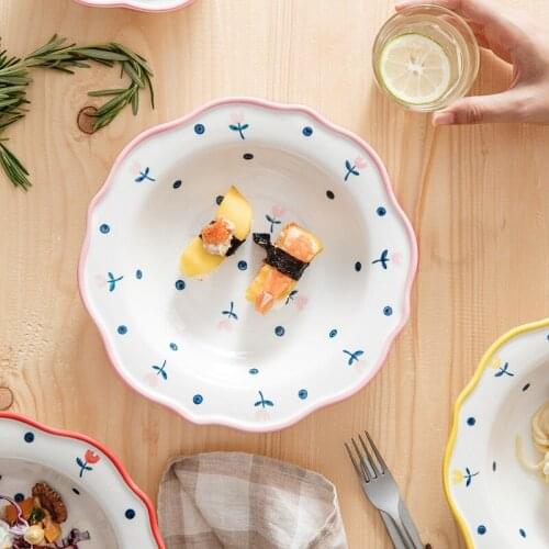 Cute Girl Heart-shaped Ceramic Household Creative Tableware Floral Japanese Flower Cute Pasta Plate Microwave Oven Available