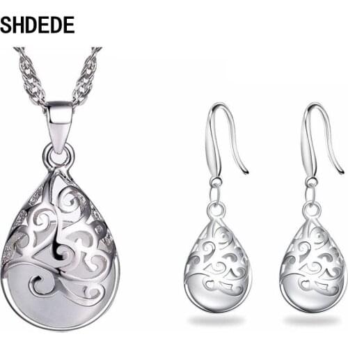 SHDEDE Fashion Jewelry Sets Women Elegant Waterdrop Pendant Necklace Earrings Classic Wedding Party Gifts Accessories Pink White