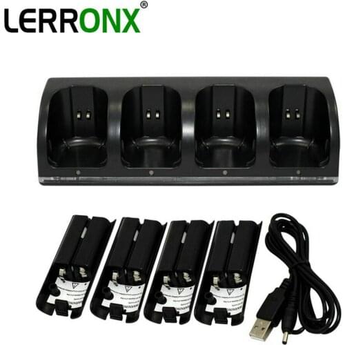 High quality free shipping Rechargeable 4x batteries + Quad 4 Charger base kit replace for WII remote controller battery charger