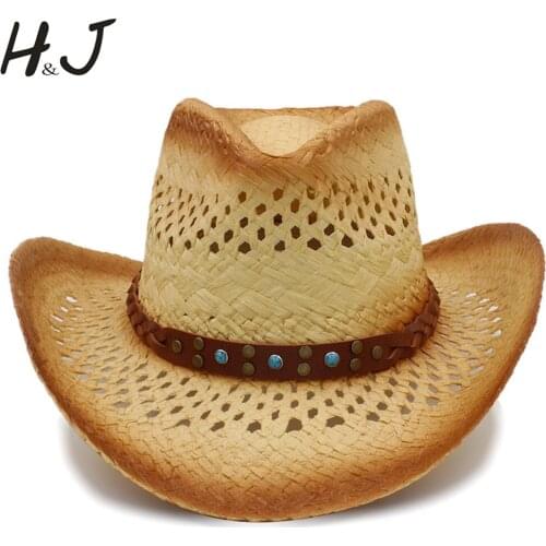 Women Men Straw Western Cowboy Hat With Punk Leather Band Handemade Weave Sombrero Cowgirl Jazz Hat Size 58CM A0125