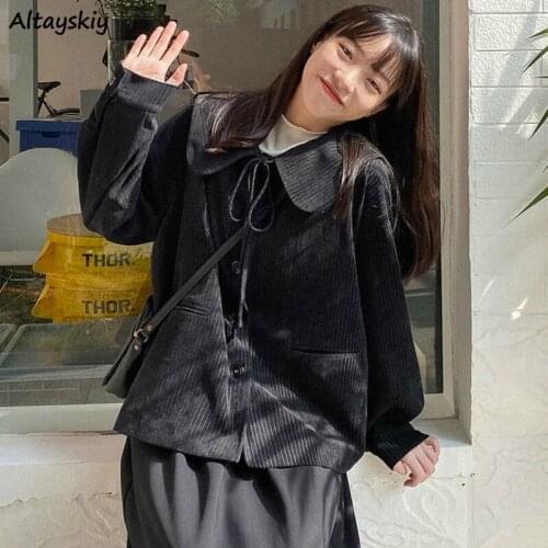 Blazers Womens Harajuku Peter Pan Collar Retro Kawaii Autumn Lace-up Single Breasted Loose Corduroy Outwear Students Ulzzang New