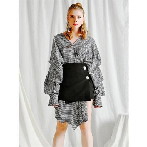 Fashion Design 2PC Outfits Women Long Puff Sleeve Plaid Long Shirts&A Line Mini Skirt Sets Irregular Dress Sets Two Pieces Suits