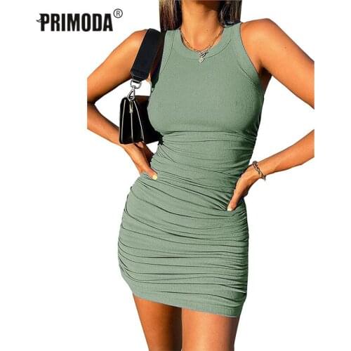 High Quality Women Sleeveless Mini Tank Dress Bodycon Pleated Sexy Wrinkle Hip Femme Robe 2021 Summer Casual Girls Knit PR1638G