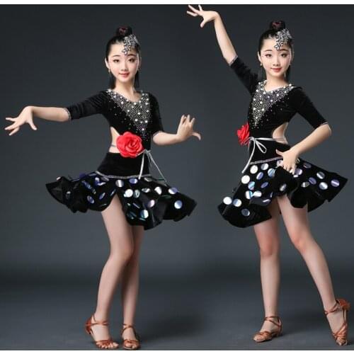 2020 Latin Dance Dress Girls Sequin Skirt Dance Dress Kids Competition Dancewear Black Crystal Dress Chidren Dance Costume BI404