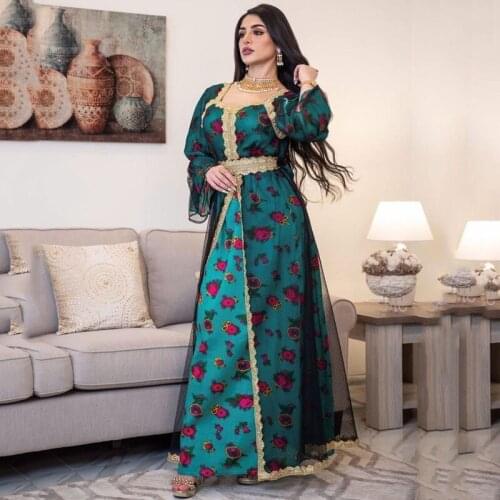 2021 Autumn Winter Muslim Kaftan Abayas Dress Kimono Women Dubai Luxury Floral Abaya With Belt Girls Evening Gowns Clothing