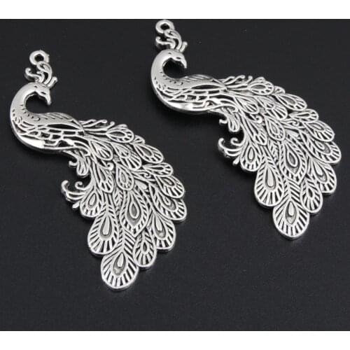 15pcs Silver Color 54x23mm Peacock Charms Lucky Animal Pendant Fit DIY Metal Jewelry Making Handcrafted Magnificent Accessories