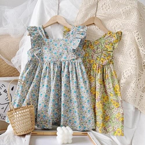 2020 Summer Hot Sale Girls Fashion Floral Dress Kids Cotton Dresses Ruffle Sleeve Dresses