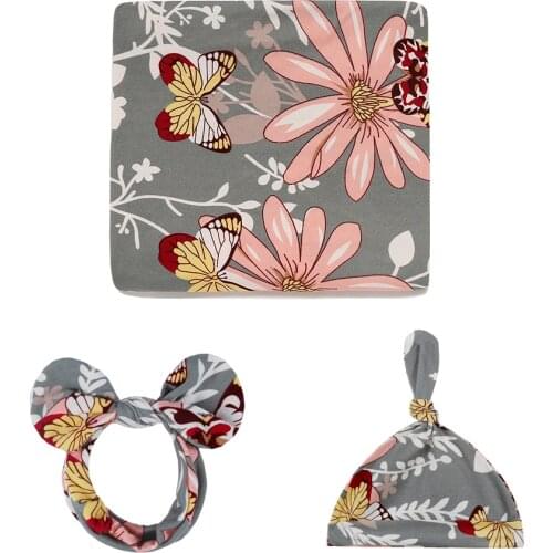 Insular 3pc Newborn Printed Scarf Fetal Cap Hair Band Baby Printed Scarf Baby Swaddling Towel Set Baby Swaddle Blanket