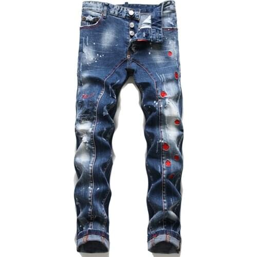 Fashion Mens Blue Jeans Pants Pencil Pants Long Trousers Frayed Washed Letters Embroidery