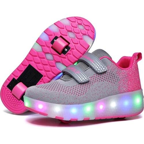 Children Two Wheels Luminous Glowing Sneakers Black Red Pink Led Light Roller Skate Shoes Kids Led Shoes Boys Girls USB Charging