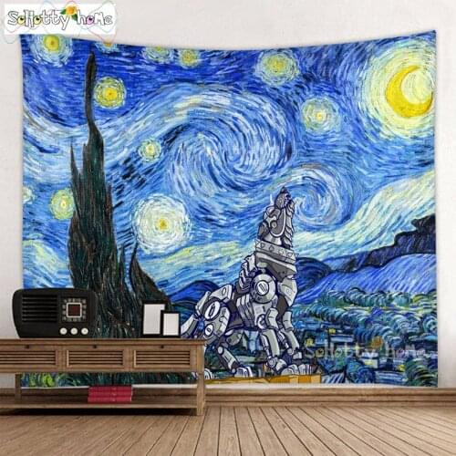 Van Gogh Painting Printed Wall Hanging Tapestry Living Room Decoration Robot dog Star Moon Night Yoga Mat Rug Home Decor Art