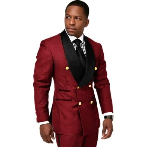 JELTONEWIN Burgundy Mens Suits Shawl Lapel Gold Buttons Wedding Suits For Men Terno Masculino 2 Pieces Double Breasted Blazer