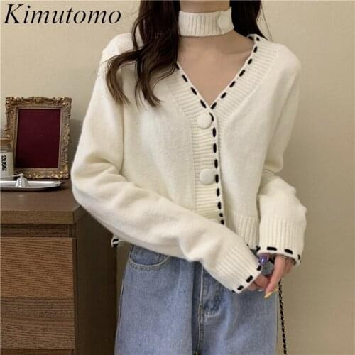 Kimutomo V-neck Long-sleeved Cardigan 2021 Autumn New Japanese Lazy Style Loose Short Sweater with Bib Knitwear Solid Elegant