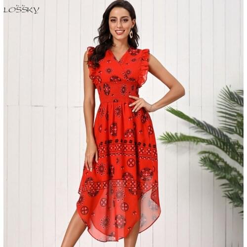 Lossky Summer Women Vintage Printed Red Chiffon Long Dress Fashion Ruffles New 2020 Elegant Dresses For Women Clothes Bohemian