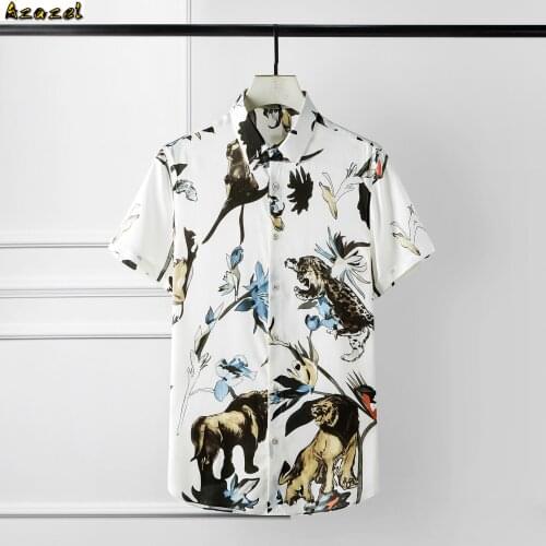 Azazel Men Shirt Luxury Bamboo Fiber Short Sleeve Mens Shirts Lion Digital Allover Printing Cotton Mens Dress Shirts Black White