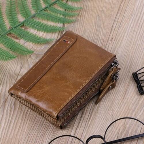 Men Genuine Leather Double Zipper Wallet Cowhide Bifold Coin Purse Card Holder 20CA