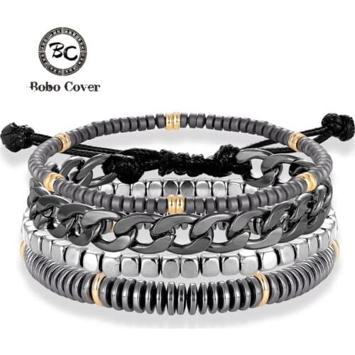 Trendy 3/4 pcs Set Natural Matte Hematite Beads Metal Chain Strand Bracelet Men Cross Dumbbell Yoga Charm Bracelet homme Jewelry