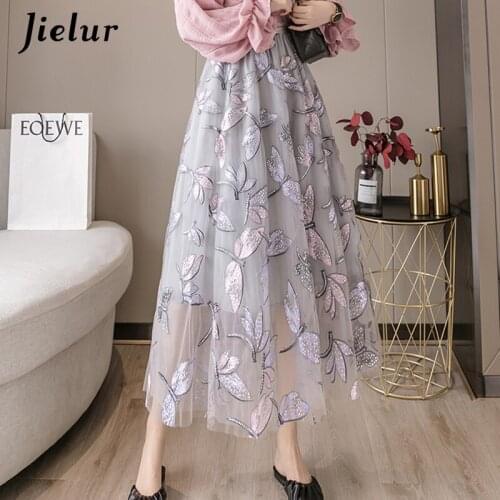 Jielur Embroidery Autumn Skirts Womens Mesh New A-line Summer Skirt Loose Slim Chic Femme Tulle Jupe Elastic Waist Skirts S-XL