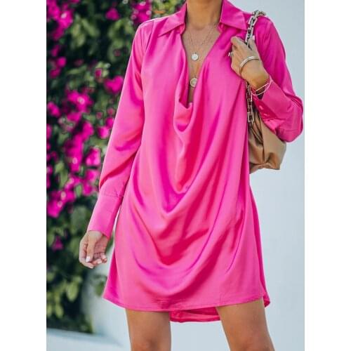Echoine Bright Color Turn Down Color V-neck Mini Shirt Dress Long Sleeve Autumn Dresses Green Sexy Elegant Vintage Vestidos