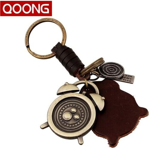 QOONG Pure Manual Weaving Retro Key Chain The Alarm Clock Key Ring Holder 100% Genuine Leather Metal Keyring Llaveros QZ53-006