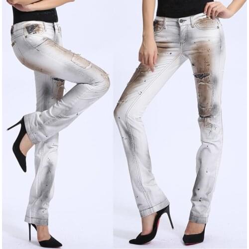 Spring Fall Vintage Casual Women Printed Ripped Hole Embroidery Denim Trousers , 2021 Female Woman Stretch Beggar Jeans Pants